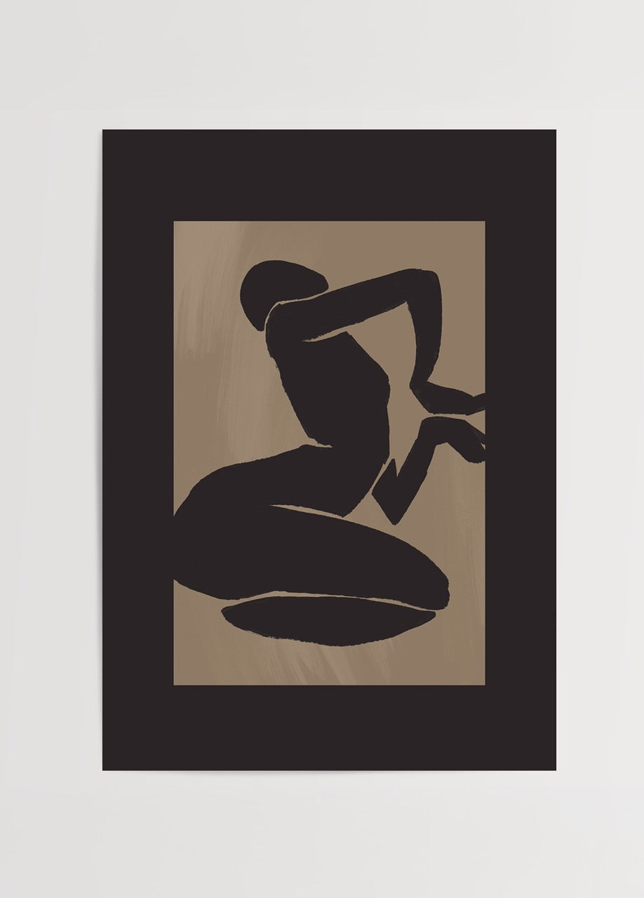 Abstract wall art featuring a dark form on a beige background.