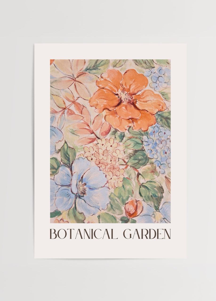 Vibrant floral poster featuring soft blue and orange flowers, perfect for home decor.