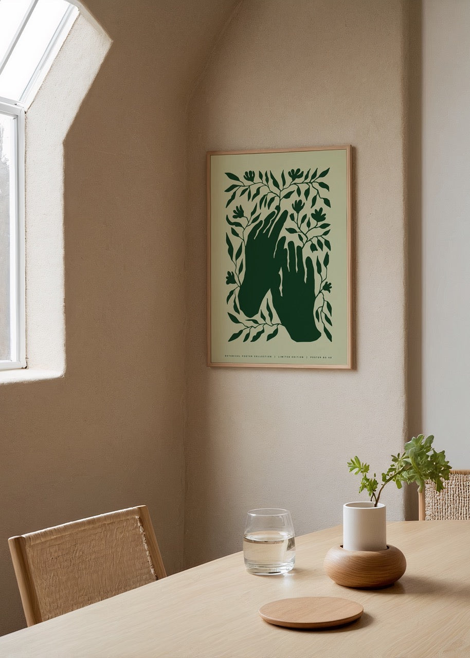 A green botanical poster featuring hands amidst foliage, perfect for wall art.