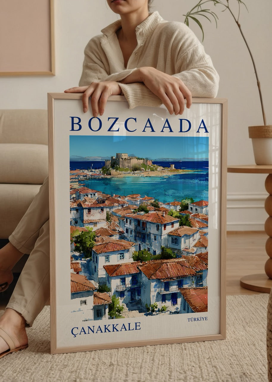 A beautiful Bozcaada landscape poster showcasing coastal architecture.