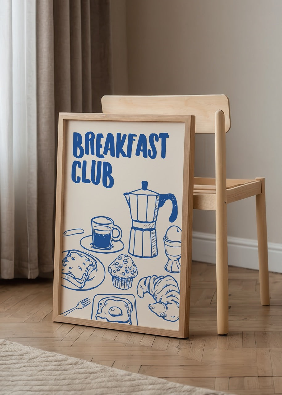 Retro illustration of breakfast items in blue on cream background.