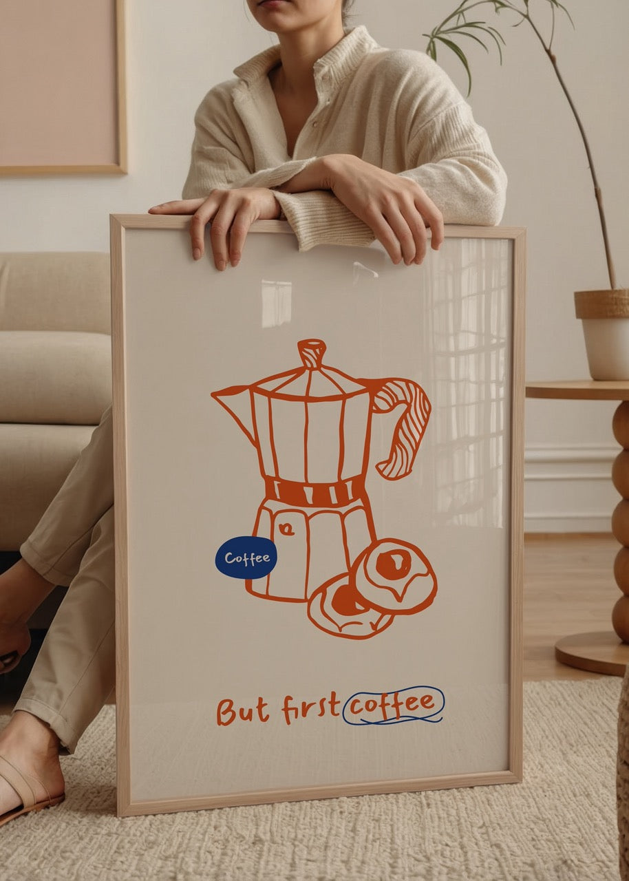Illustration of a Moka pot with a donut and coffee text on a light background.