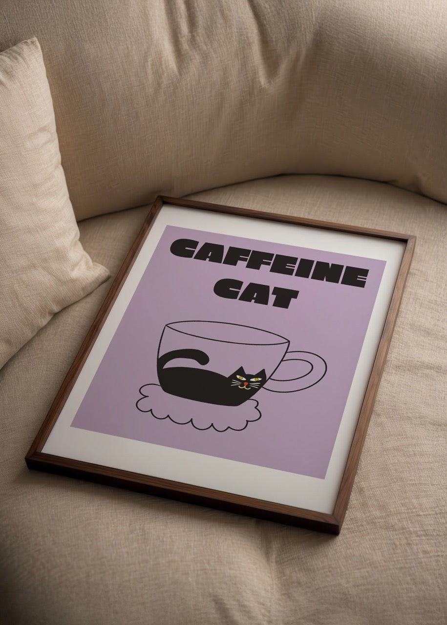 Whimsical poster print featuring a cat in a coffee cup.