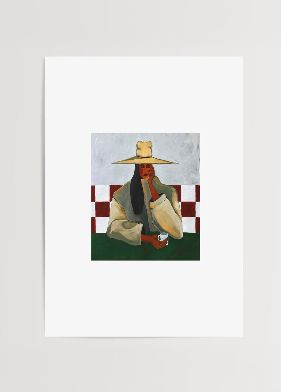 ‘Calm in a Cup’ Poster Print featuring a contemplative figure with a cup.