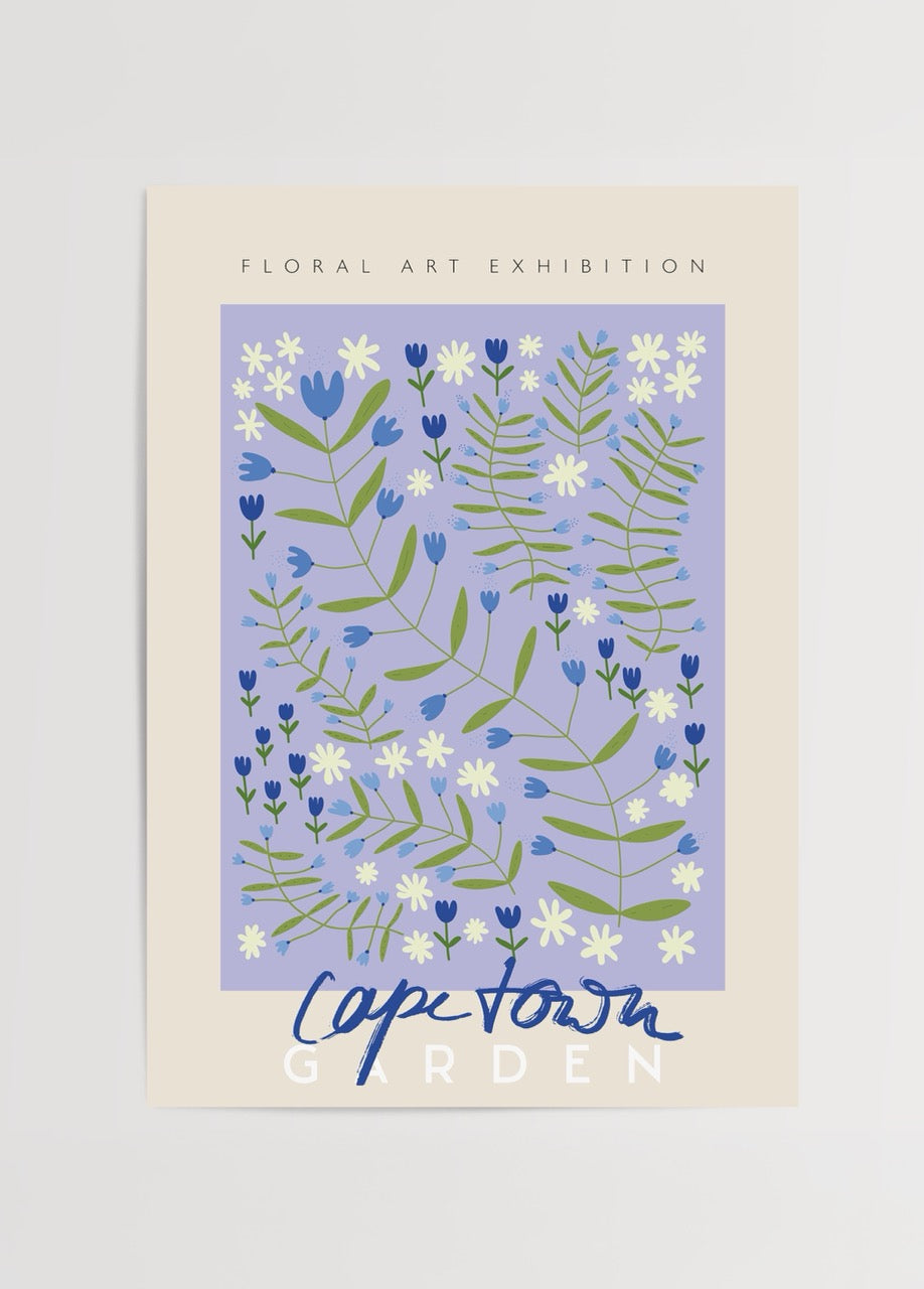 Capetown Floral Harmony Poster featuring blue and white flowers on a pastel background.