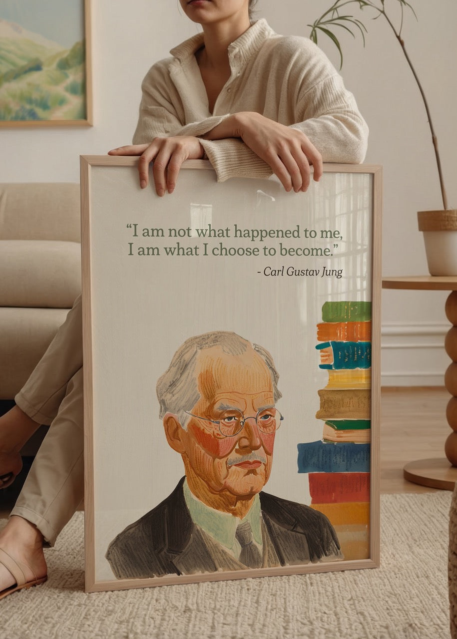 Artistic poster featuring a quote by Carl Gustav Jung with vibrant book illustrations.
