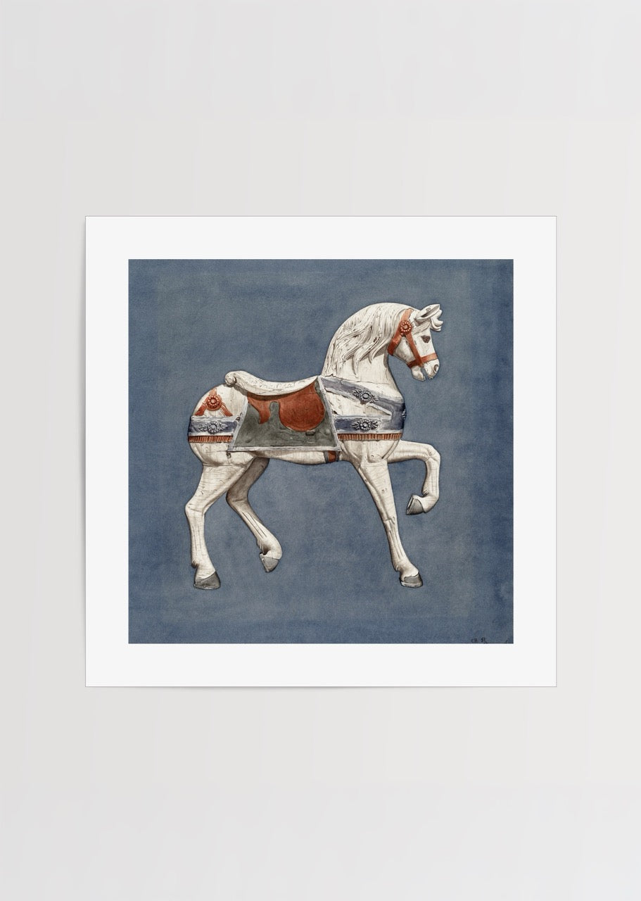 Nostalgic carousel horse illustration on a blue background