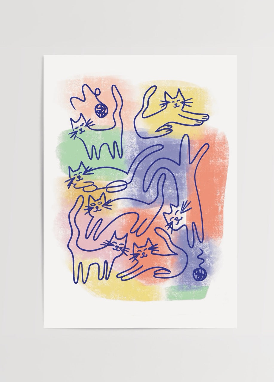 Illustrative Cat Crowd Poster Print featuring playful cats in vibrant colours.