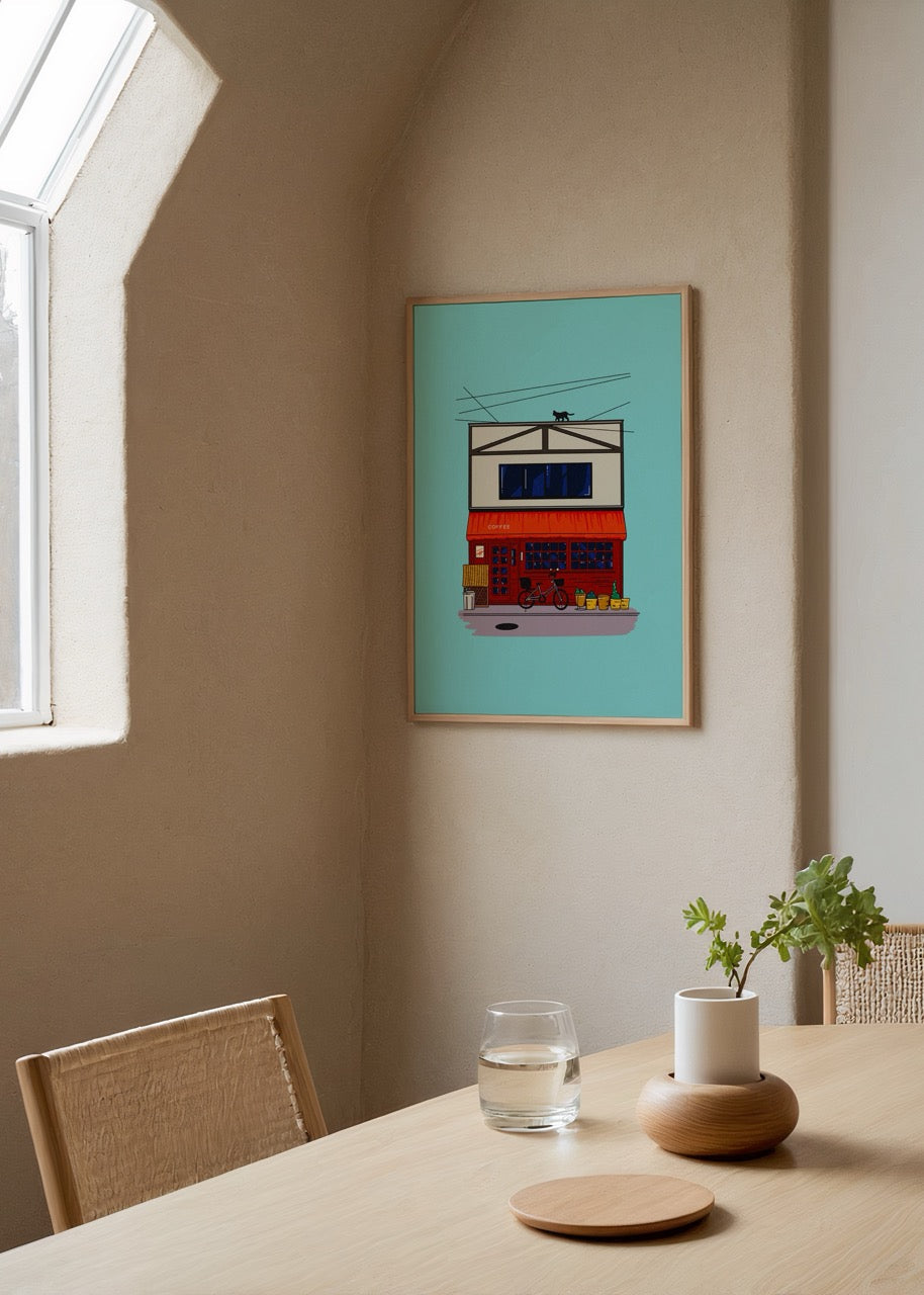 A vibrant illustration of a black cat on a coffee shop roof against a turquoise backdrop.