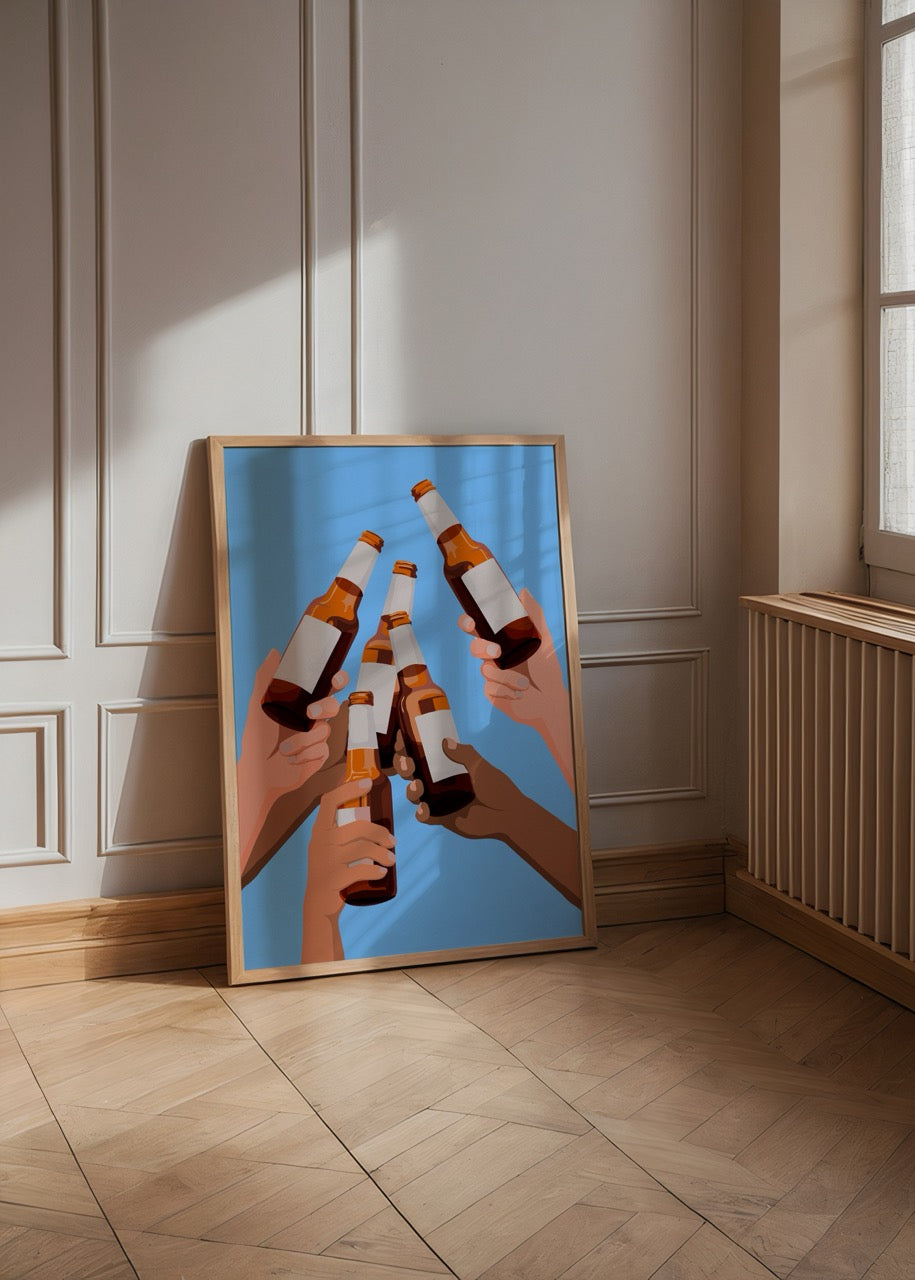 Vibrant poster of hands holding beer bottles in a toast on a blue background.