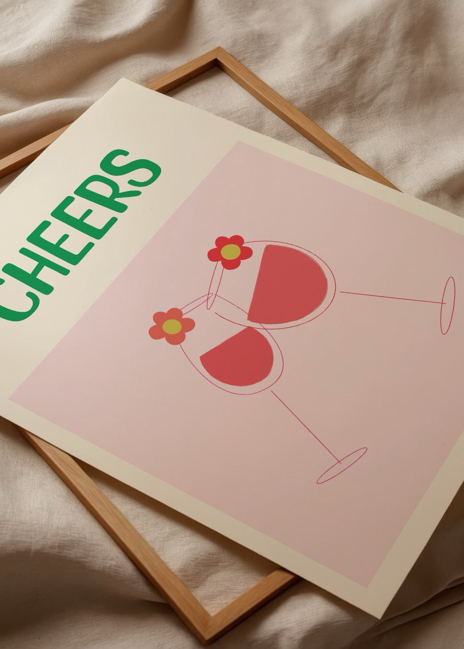 Cheers Poster Print featuring two clinking glasses with flowers.