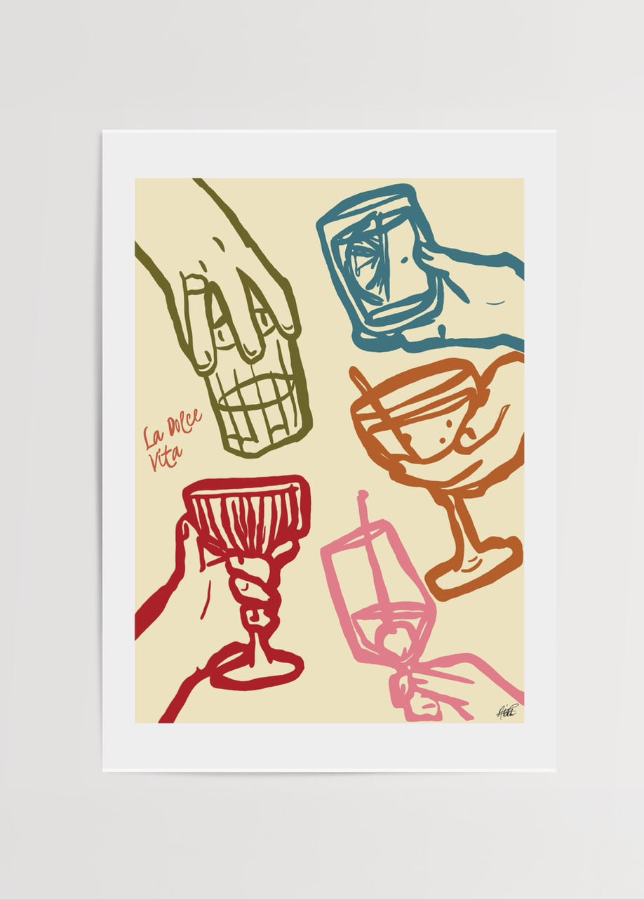 Vibrant illustration of hands toasting with glasses in various styles.