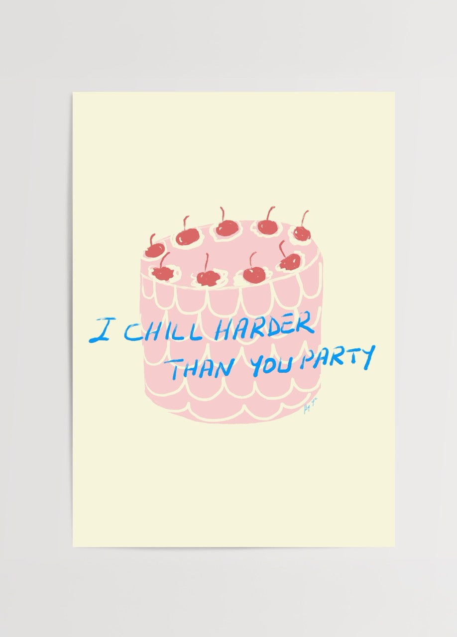 Playful illustration of a cake with cherries and a fun slogan.
