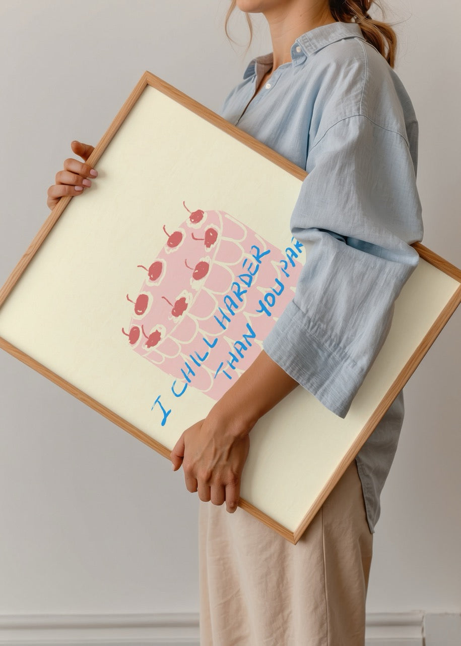 Playful illustration of a cake with cherries and a fun slogan.