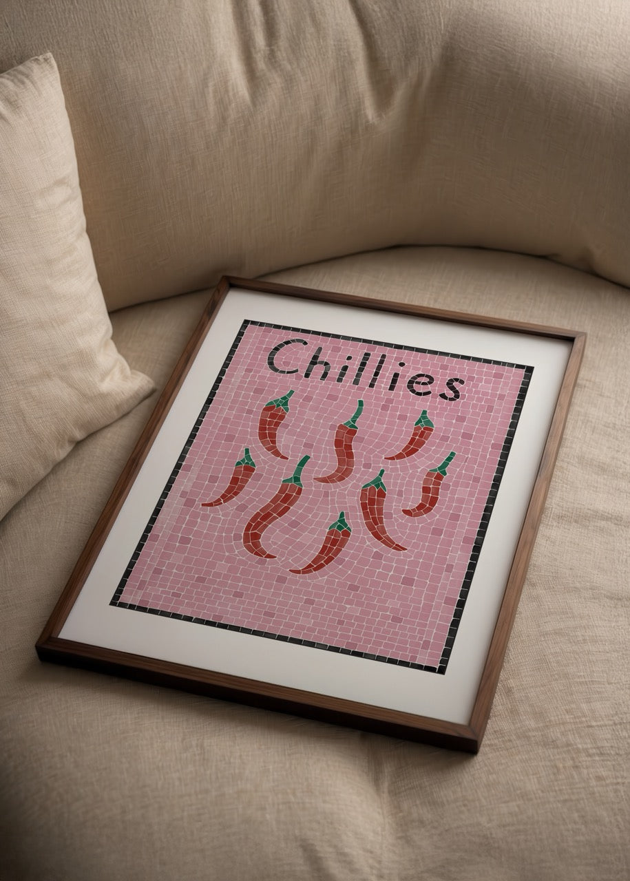 Chillies Poster Print featuring vibrant chilli designs on a pink background.