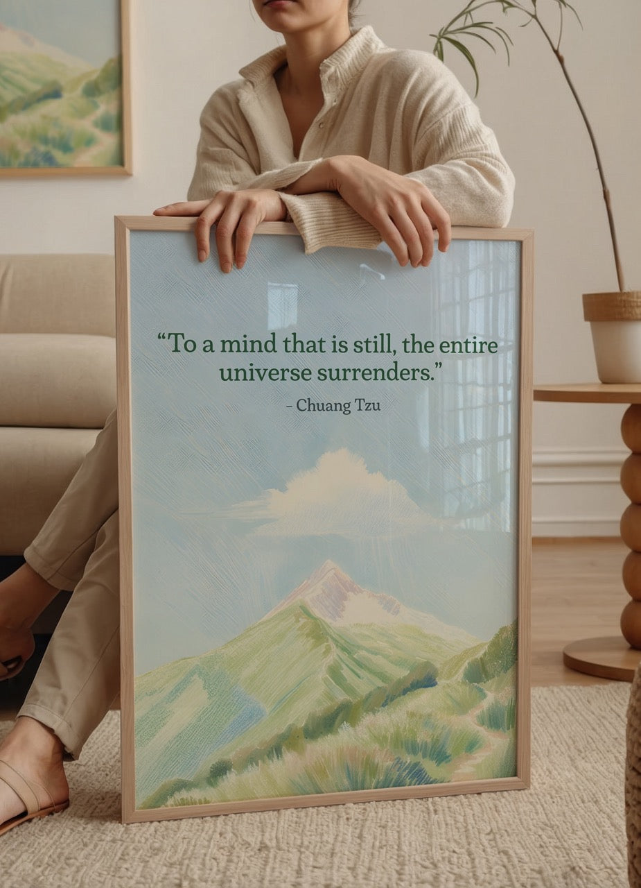 Chuang Tzu quote poster featuring a serene mountain landscape in soft colours.