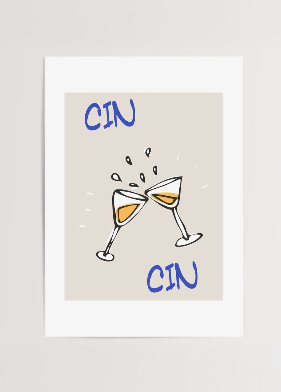 Whimsical poster featuring clinking glasses with the phrase &