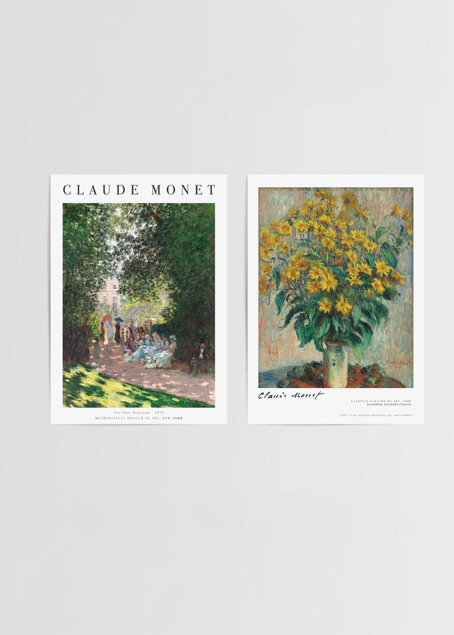 A duo of impressionist posters featuring vibrant yellow flowers and a serene park scene.