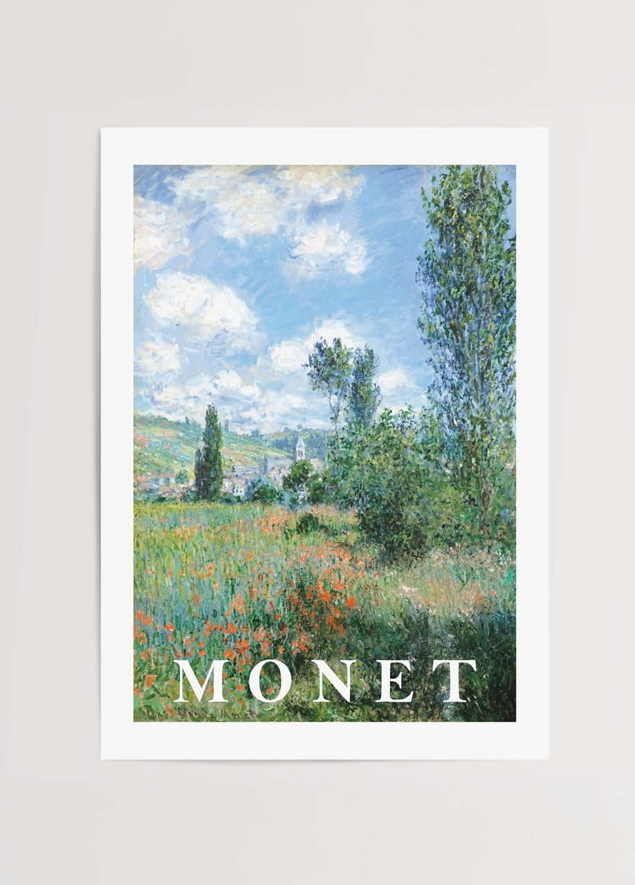 A vibrant meadow landscape art print with lush greenery and blue skies.