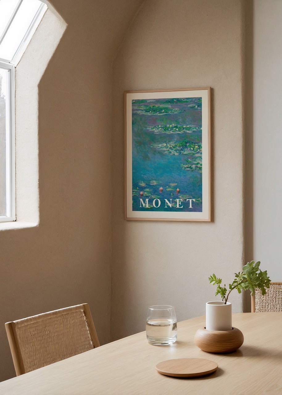 Serene water lilies wall art in calming blue tones.