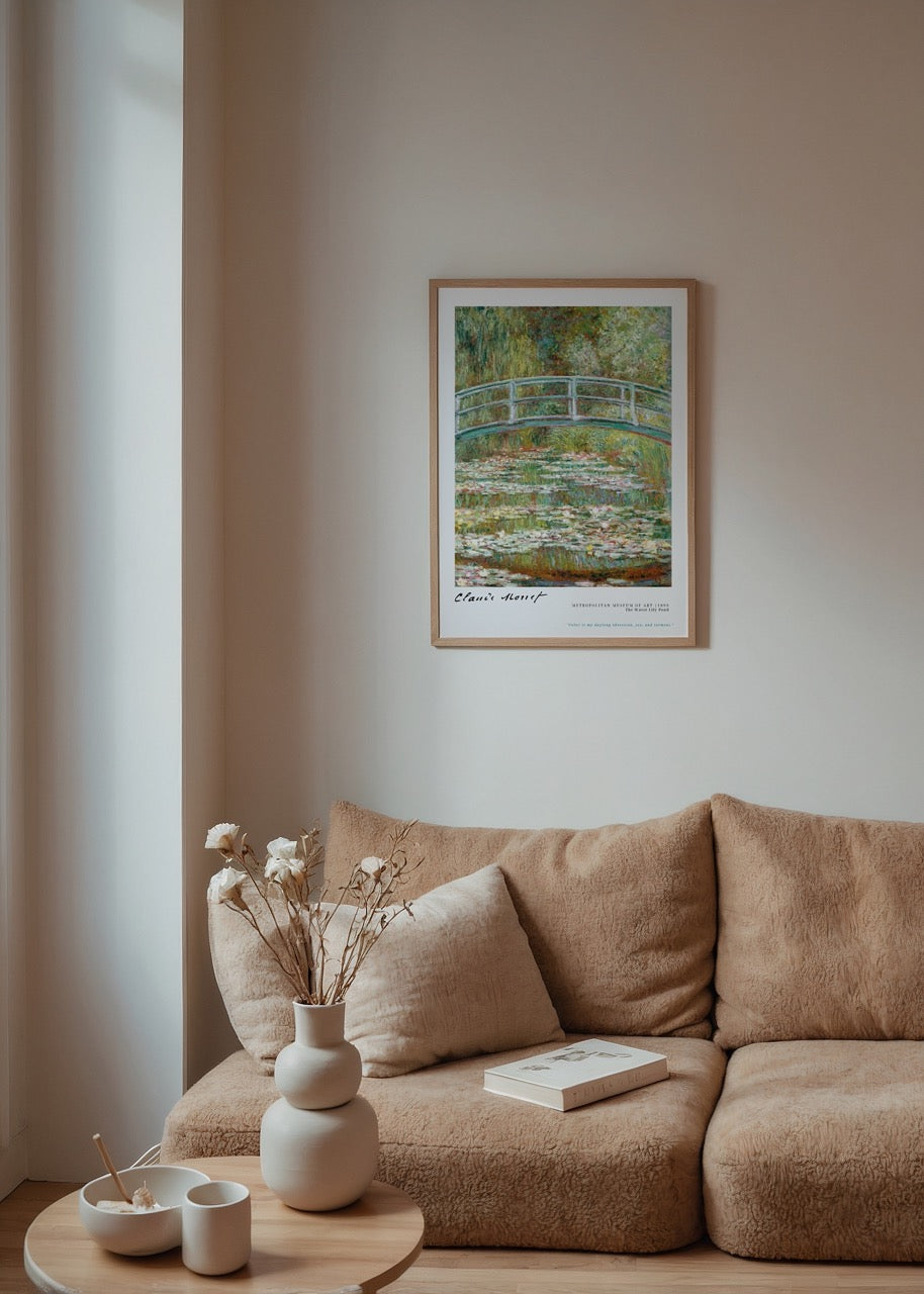 Art print depicting a serene water lily pond with a bridge.