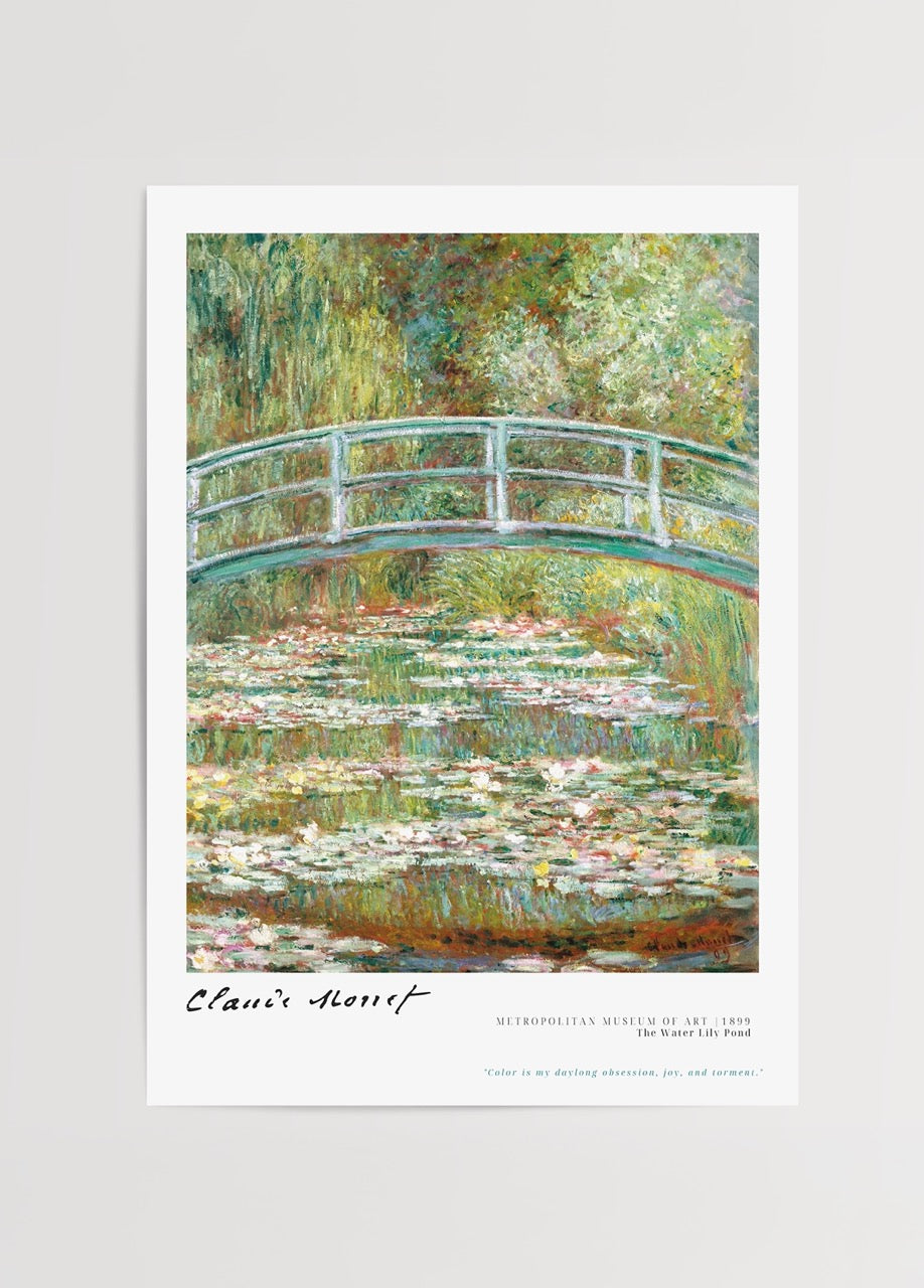 Art print depicting a serene water lily pond with a bridge.