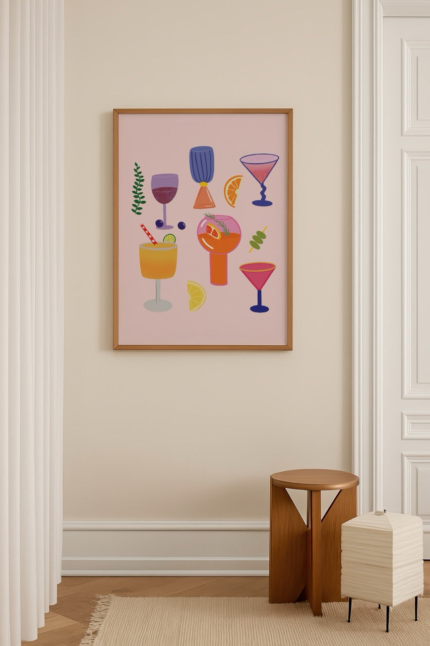 Vibrant cocktail illustrations on a pink background, perfect for wall art.