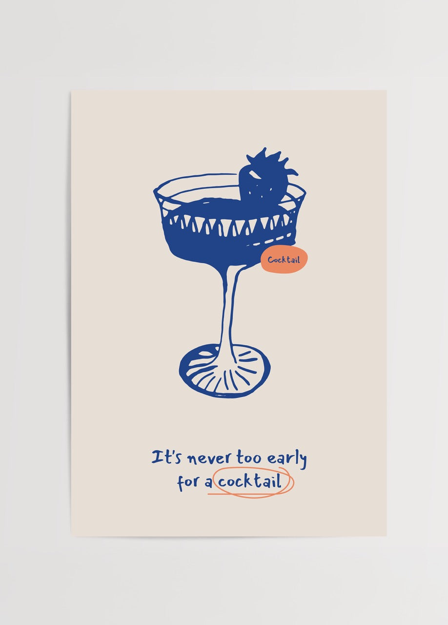 Playful cocktail poster featuring a vibrant cocktail glass and text, perfect for home decor.