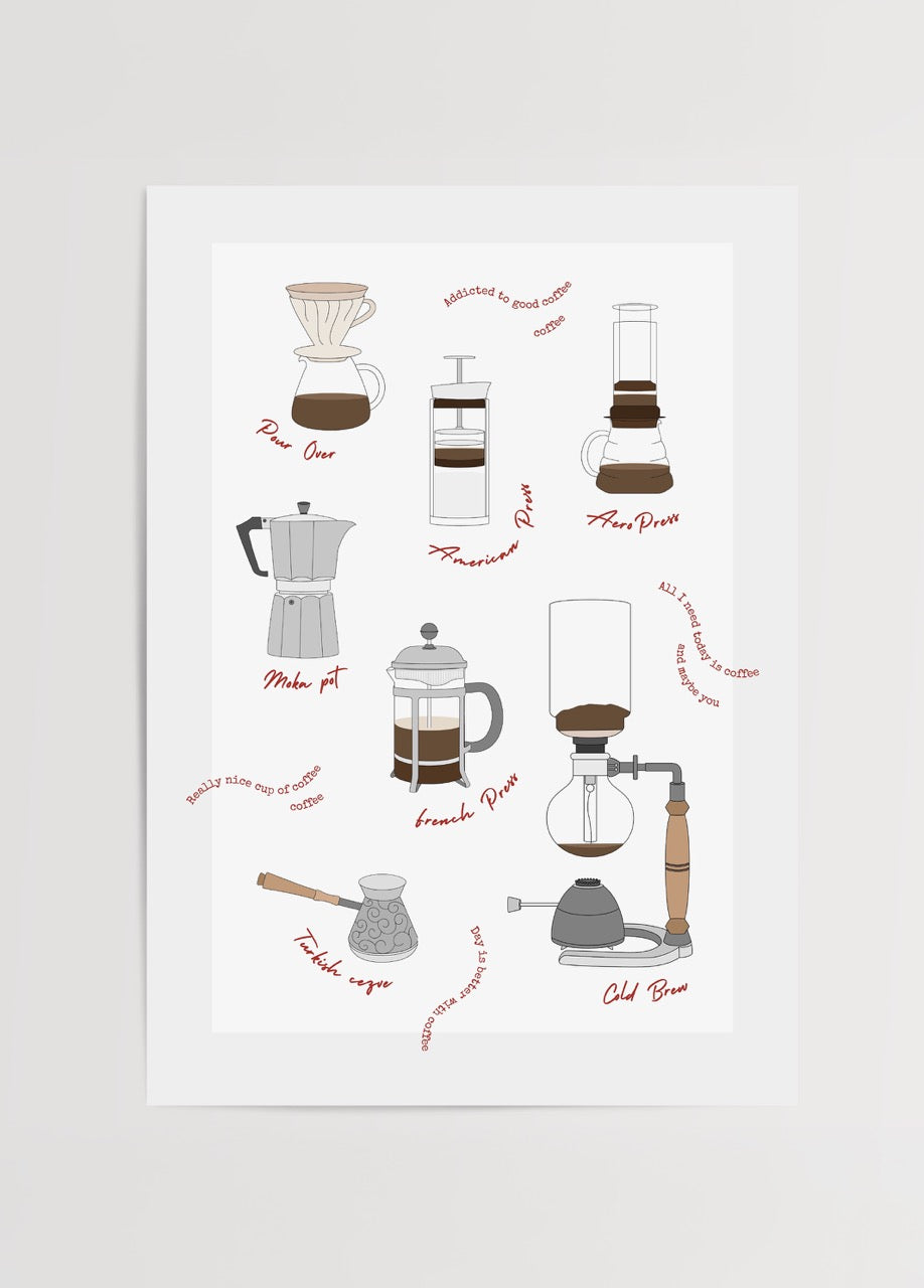 Illustration of various coffee brewing methods for wall art.