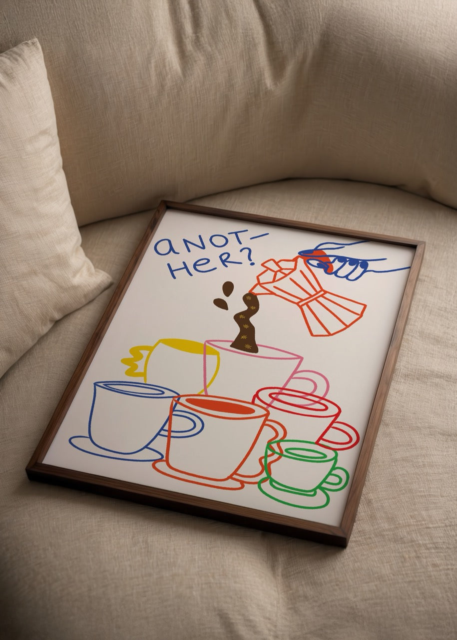 Whimsical illustration of colourful coffee cups pouring coffee, titled &