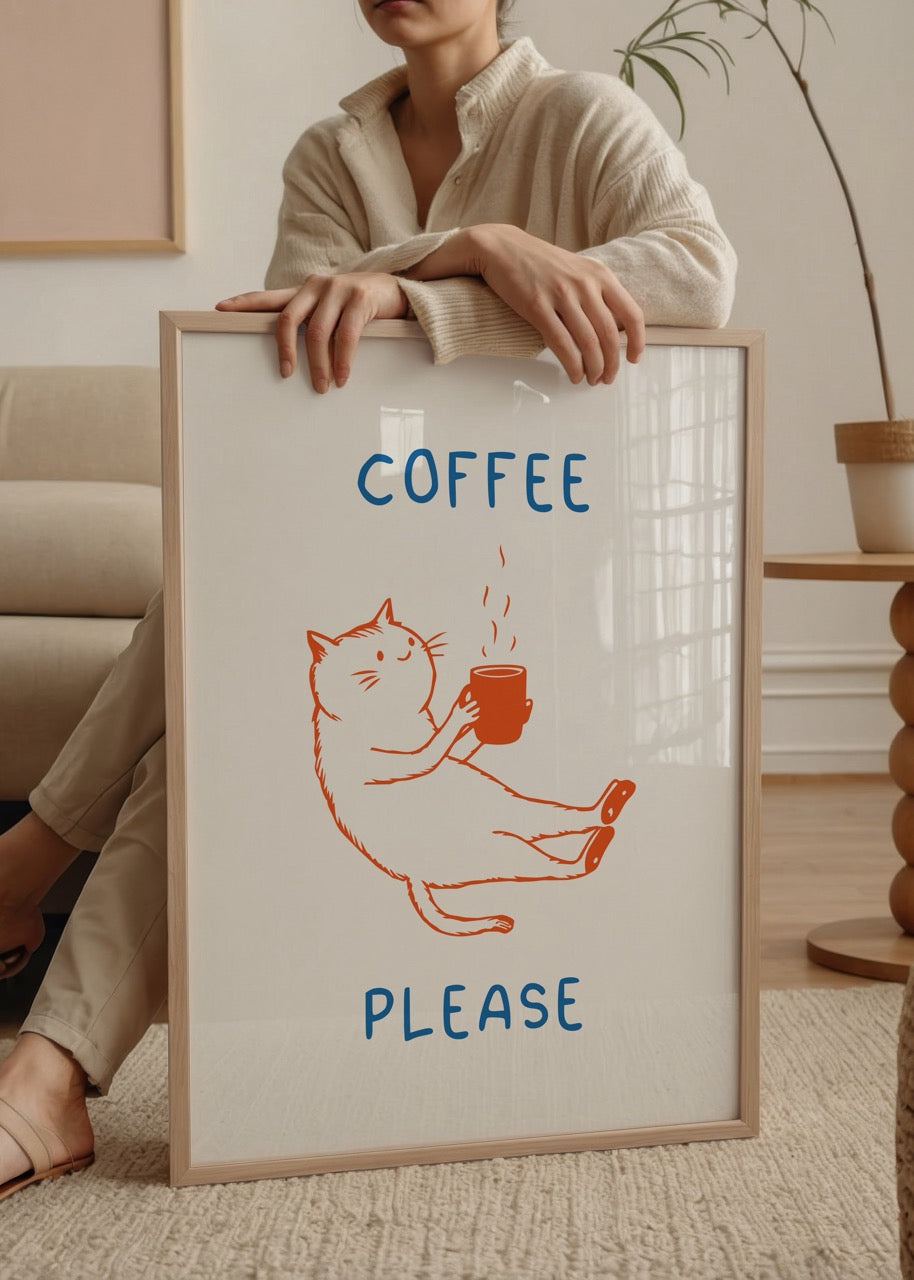 Illustration of a cat holding a coffee cup with the text &