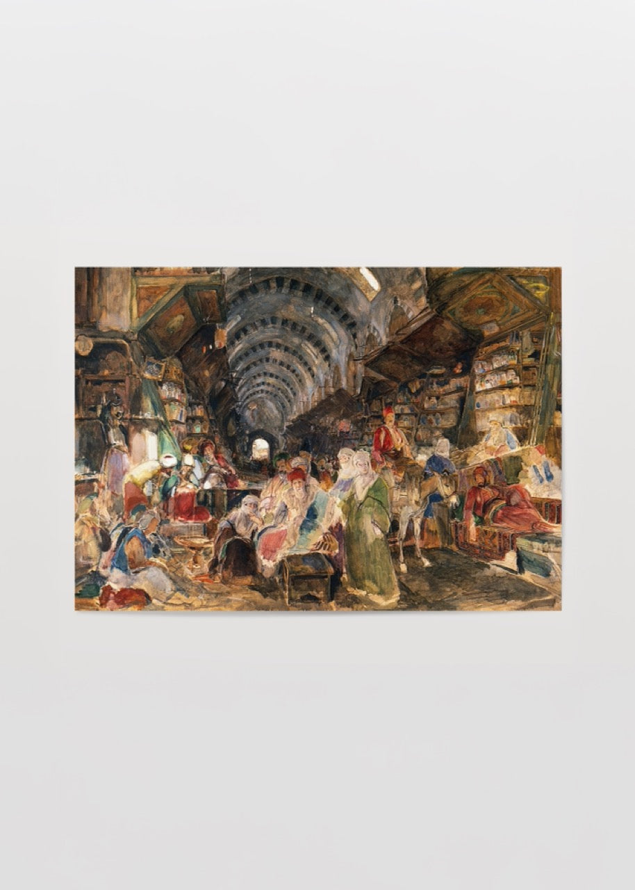 Vibrant scene depicting a bustling Grand Bazaar with historic charm.