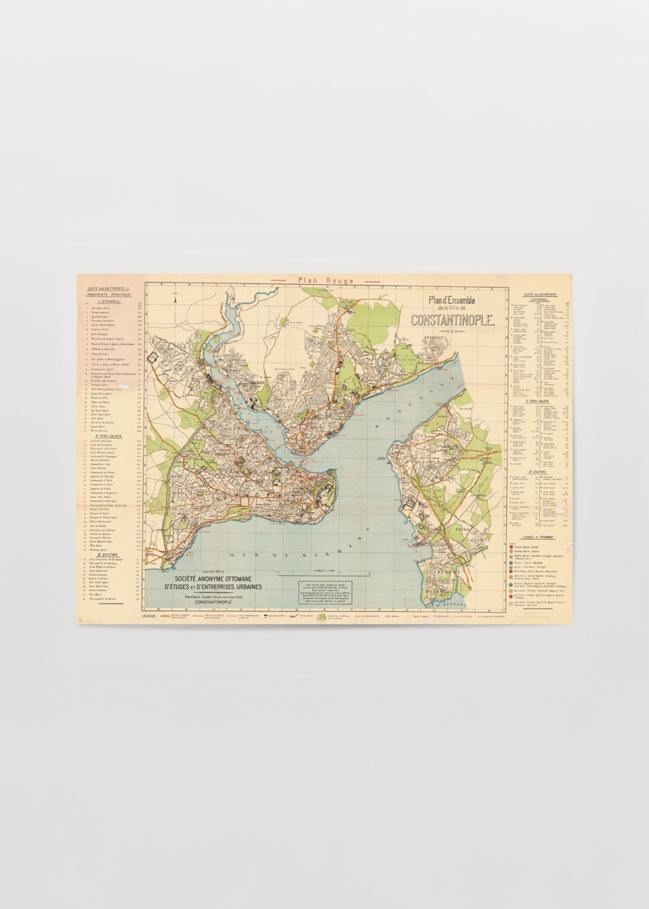 Vintage cartographic poster of Istanbul, depicting historical landmarks and city layout.