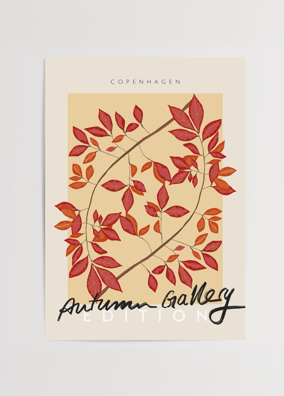 Copenhagen Autumn Elegance Poster featuring warm autumn leaves on beige background.