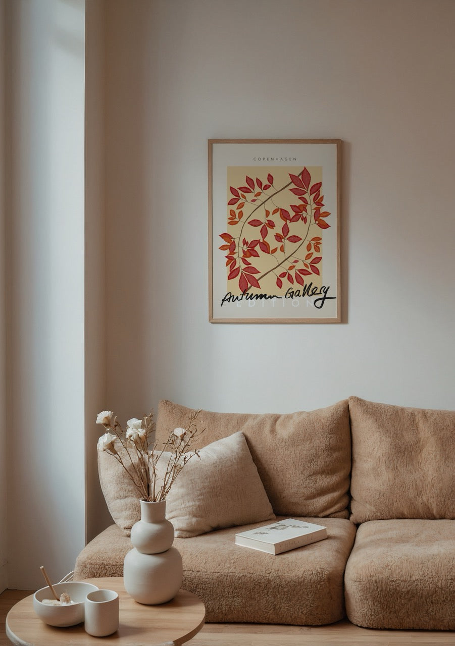 Copenhagen Autumn Elegance Poster featuring warm autumn leaves on beige background.