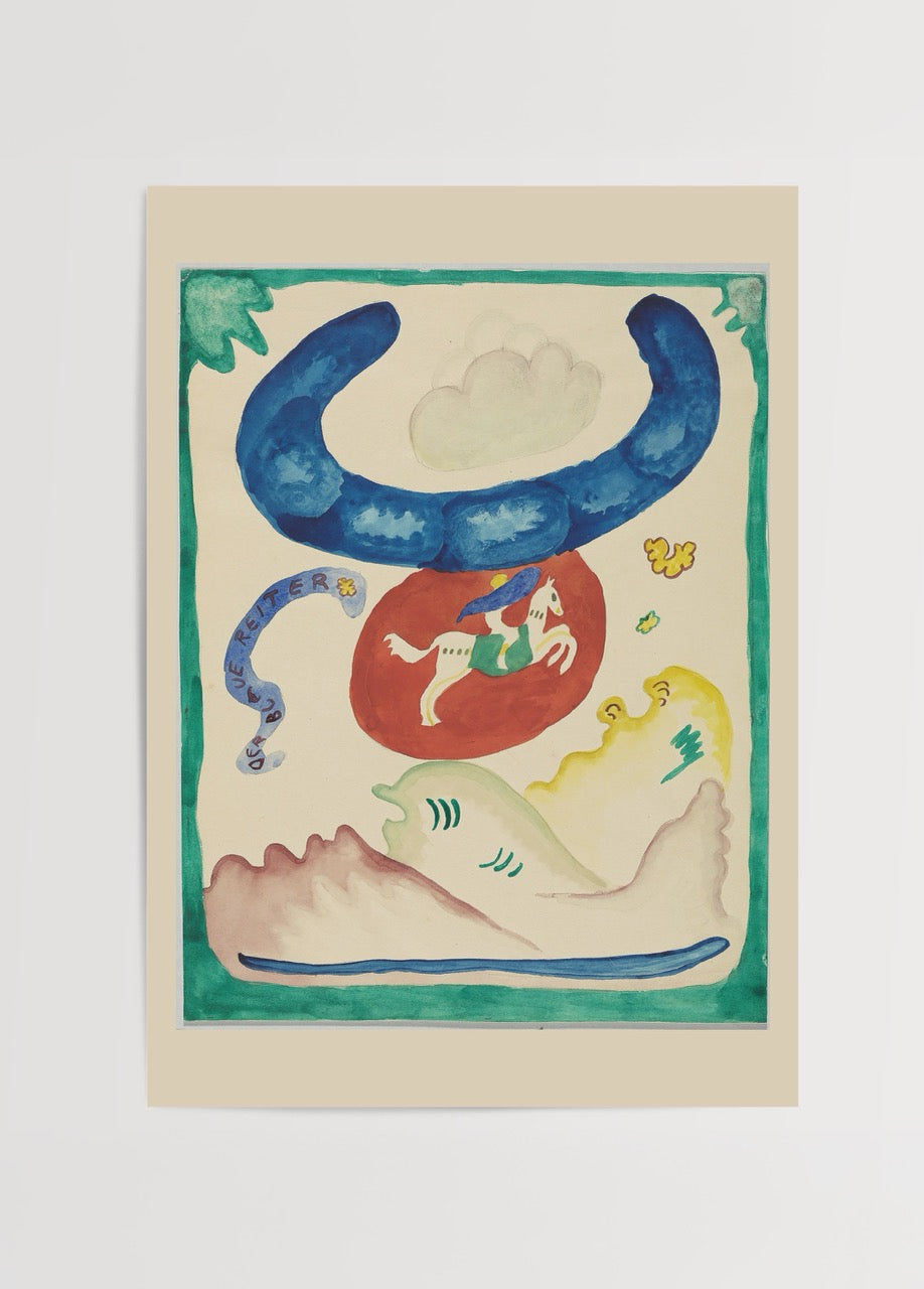 Whimsical abstract artwork featuring blue and red elements with a horse and natural forms.