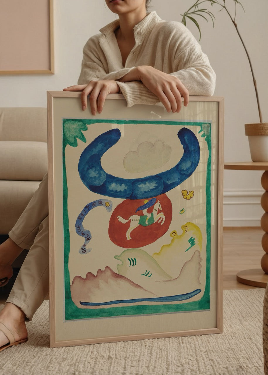 Whimsical abstract artwork featuring blue and red elements with a horse and natural forms.