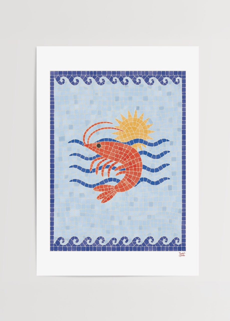A vibrant mosaic artwork featuring a lobster and sun against a blue background.