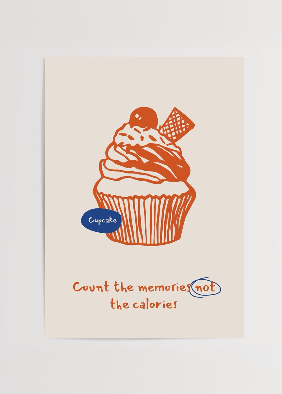 Illustrative cupcake artwork with orange and blue accents promoting joy over calories.