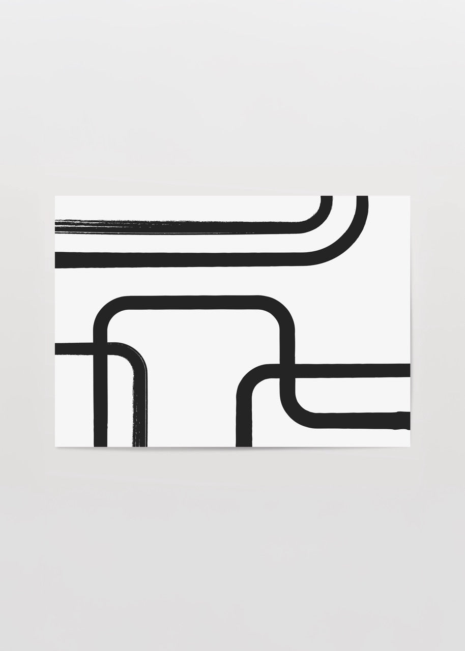 Monochrome abstract art print featuring flowing black lines on a white background.