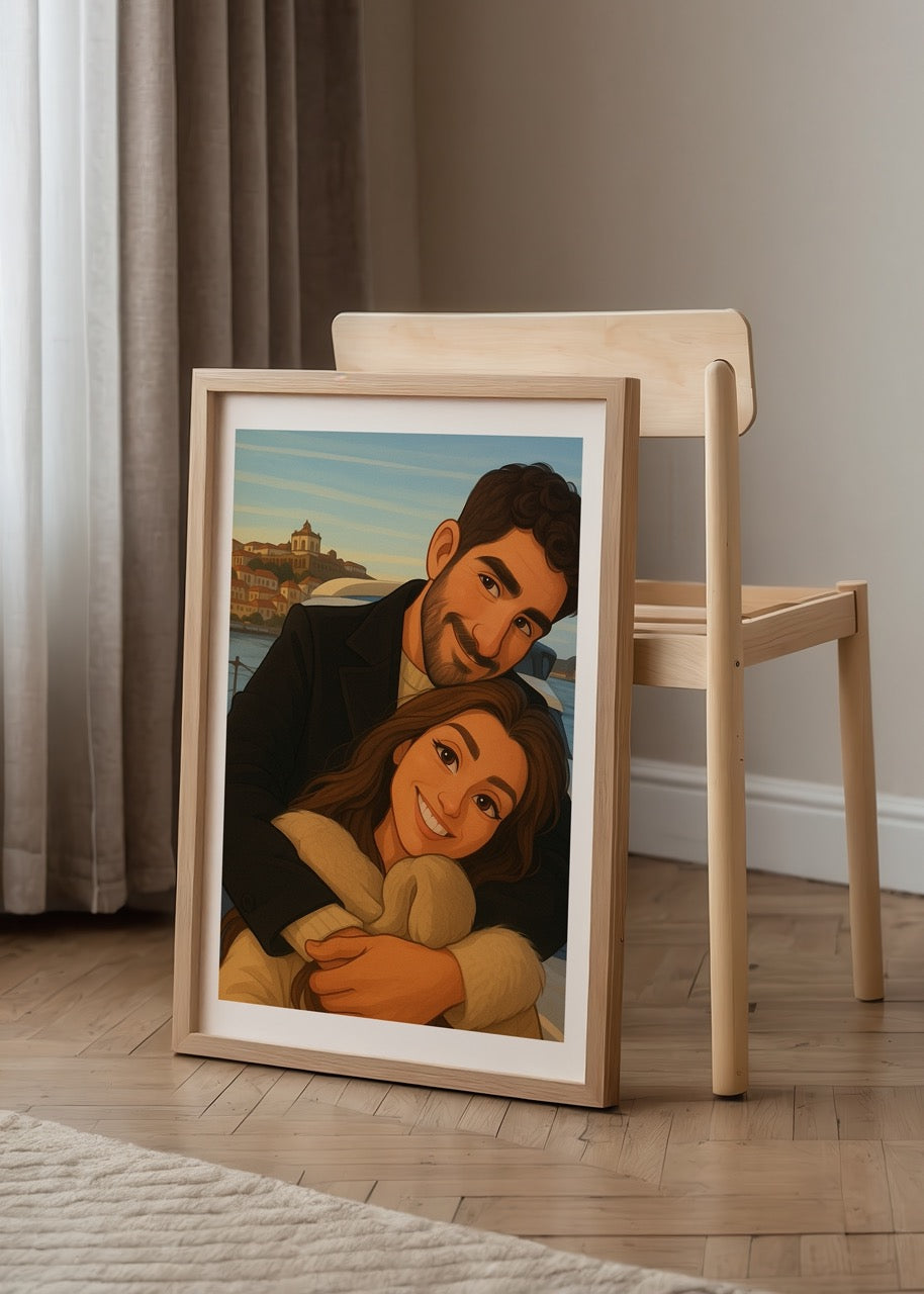 Personalised family portrait artwork featuring a warm, modern illustration style.