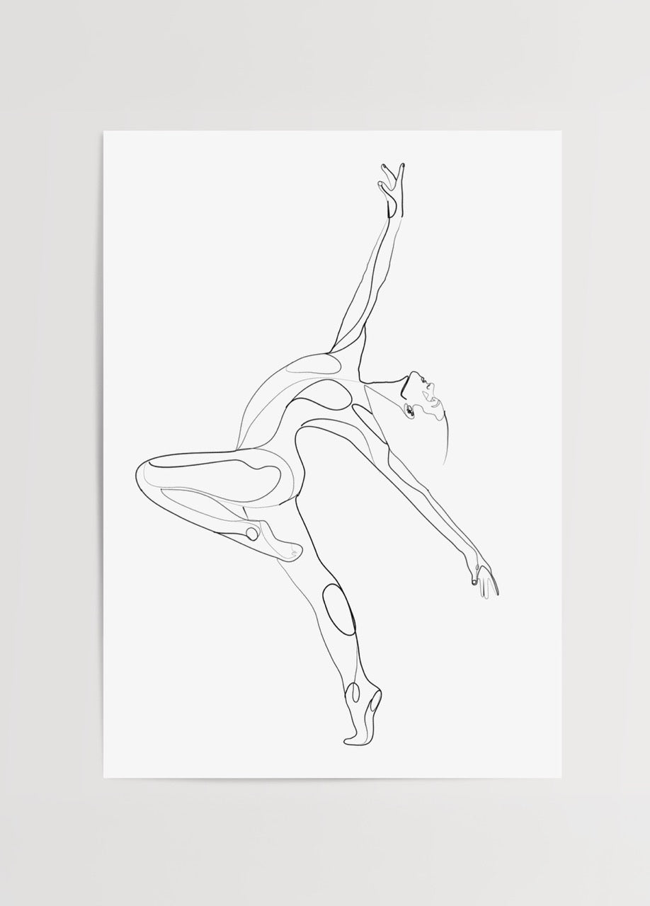 Minimalist line art poster depicting a dancer in fluid motion.