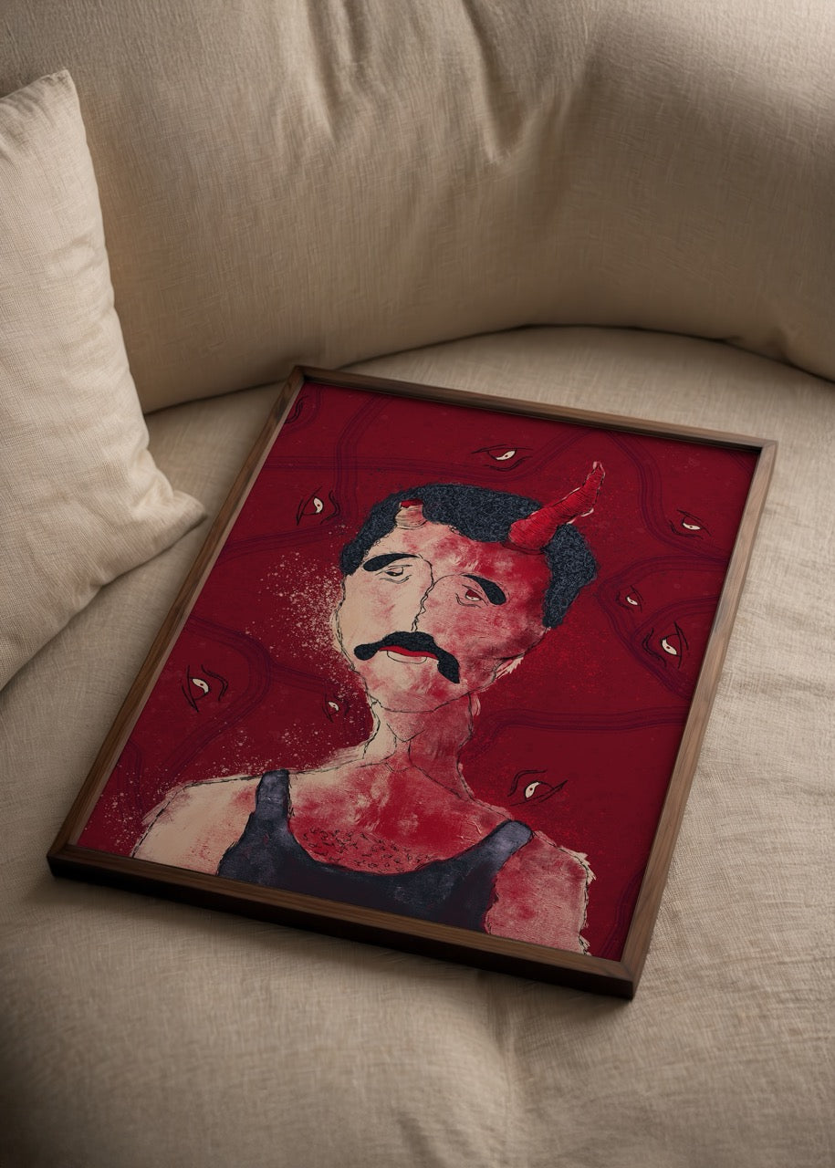A striking transformation-themed poster with bold red hues and abstract elements.