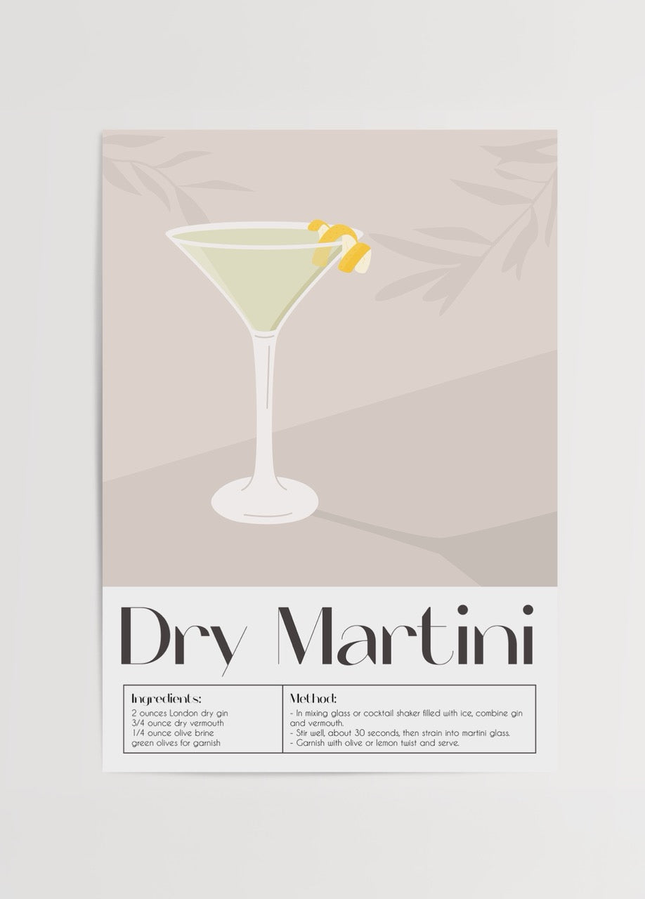 Illustration of a Dry Martini cocktail art print for stylish home decor