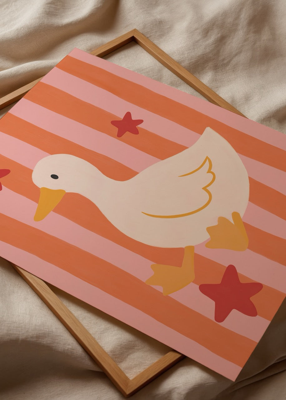 Whimsical duck illustration on pink and orange striped background