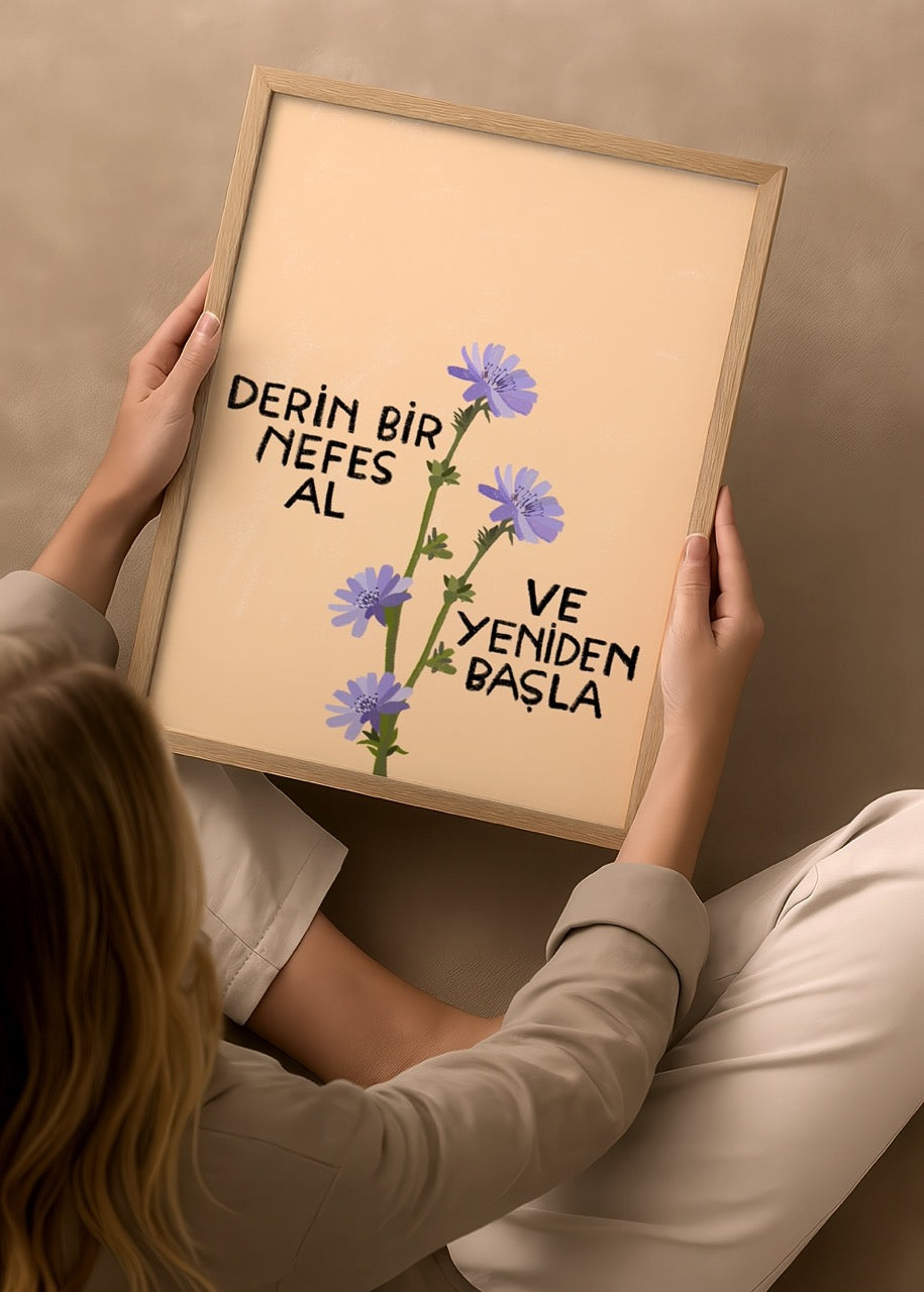 Floral illustration with inspirational text on beige background.