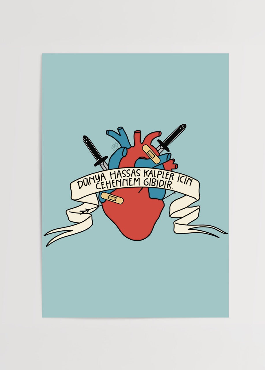 A heart illustration with pens and a banner, symbolising sensitivity and emotion.