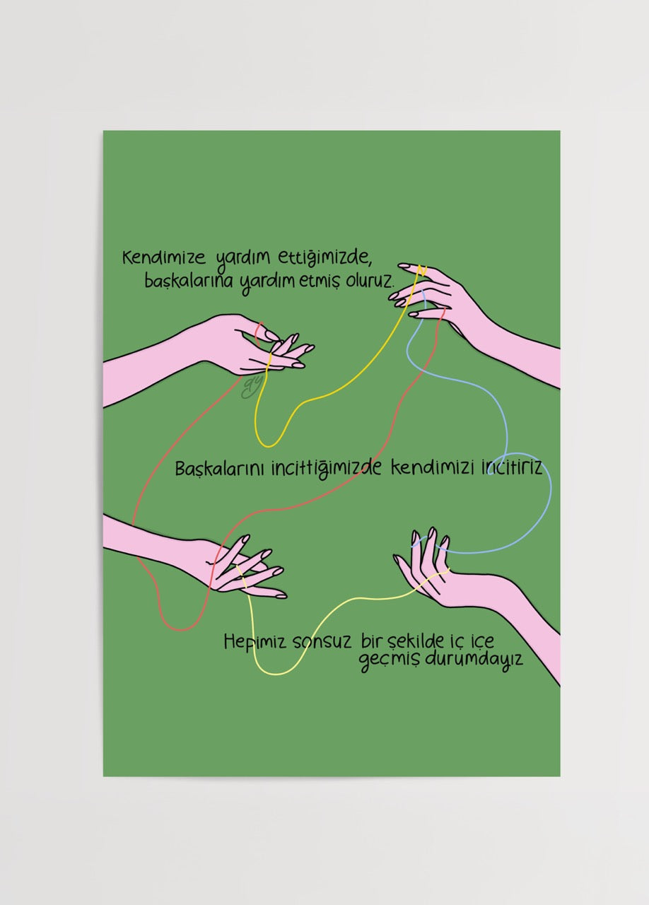 A vibrant poster print featuring intertwined hands on a green background, symbolising unity and connection.