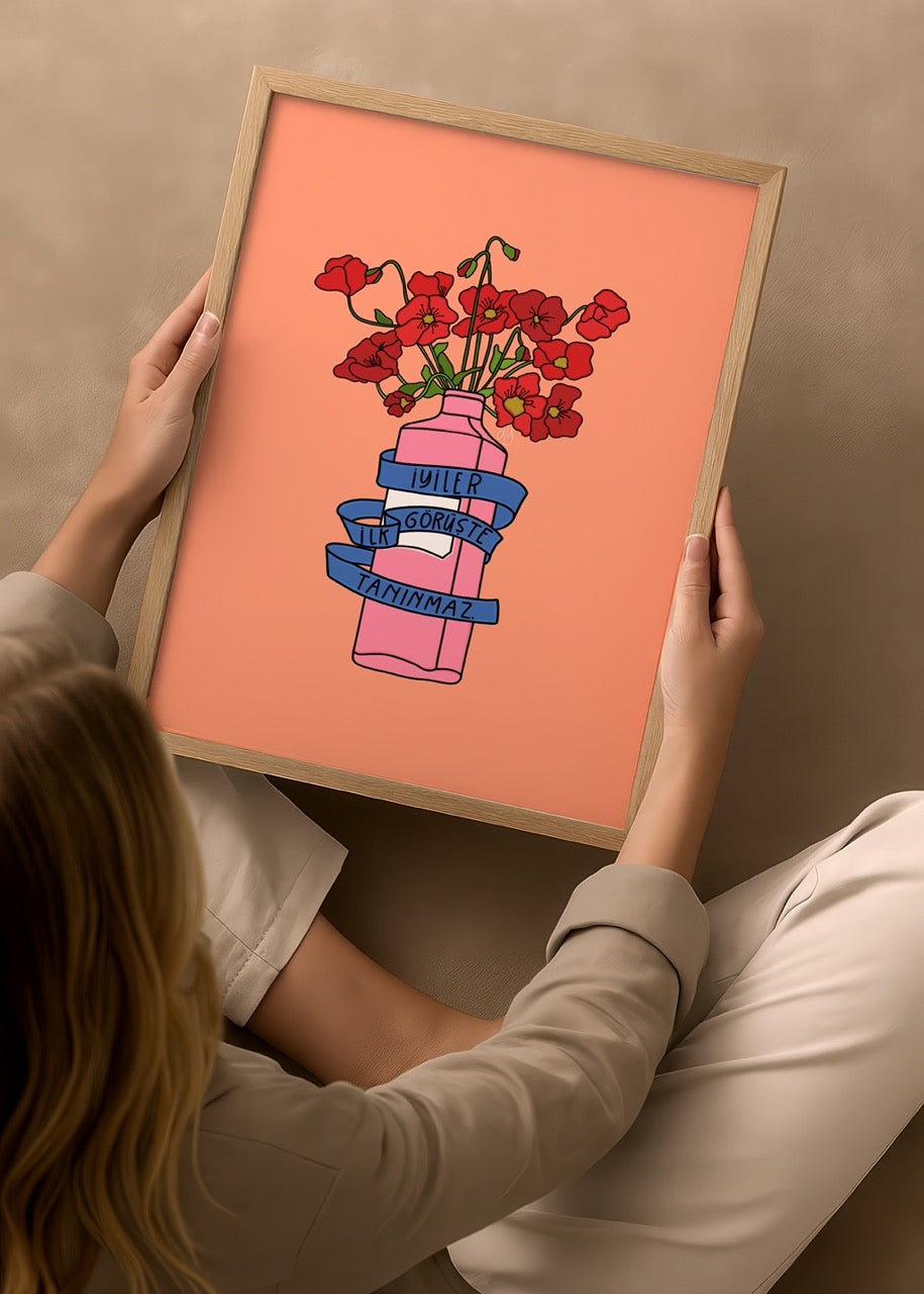 A vibrant poster print featuring flowers and a thought-provoking message.