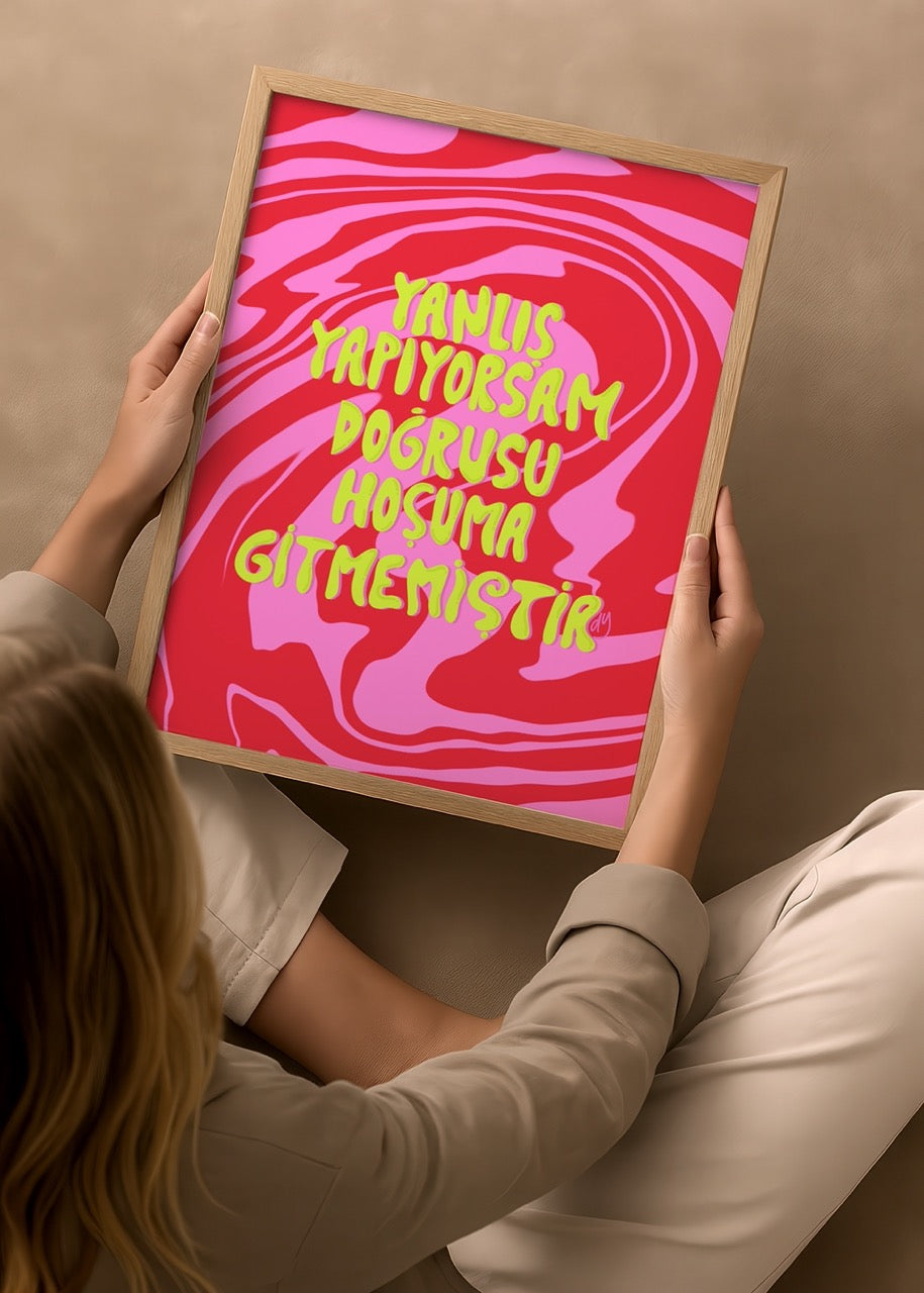 Vibrant poster print with bold typography and abstract swirl design.